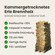 88 Netze kammergetrocknetes gespalten Erle Brennholz 25cm 1.25 RM / 2.0 SRM